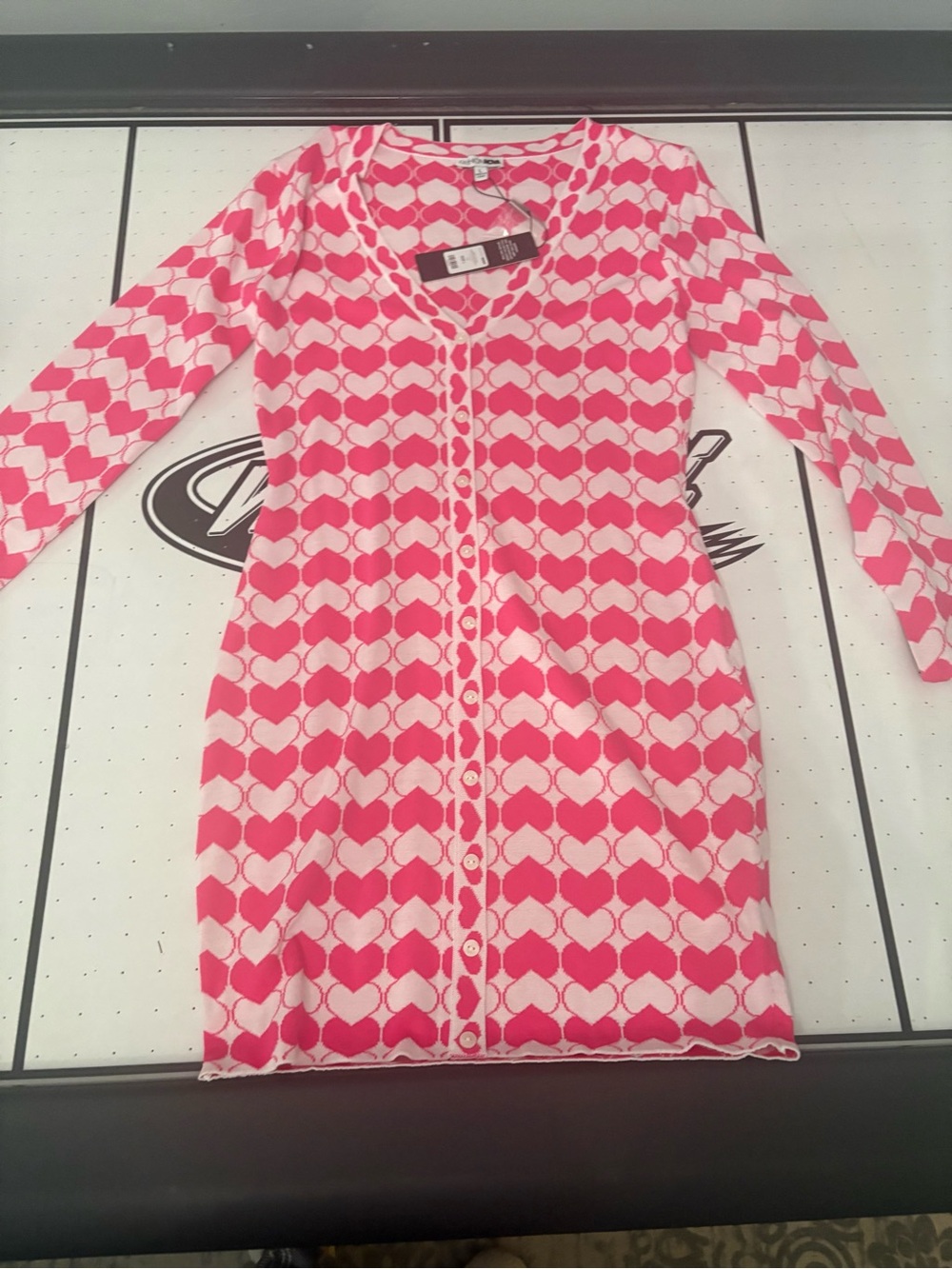 Fashion Nova Pink and White Heart-Print Button-Front Long Sleeve Dress